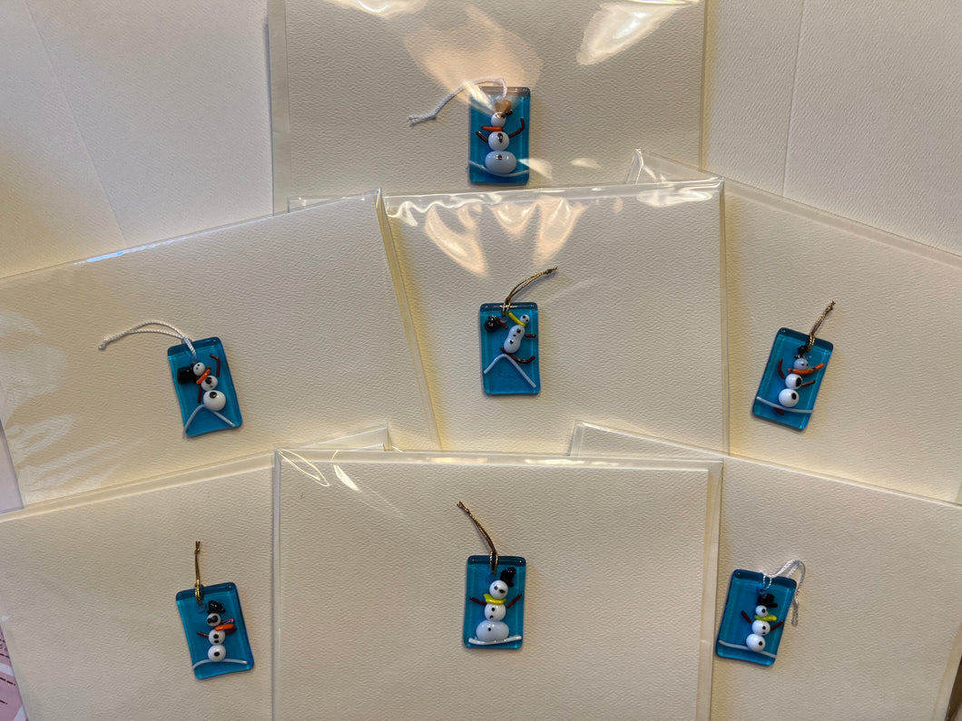 Fused Glass Snowman on Transparent Turquoise
