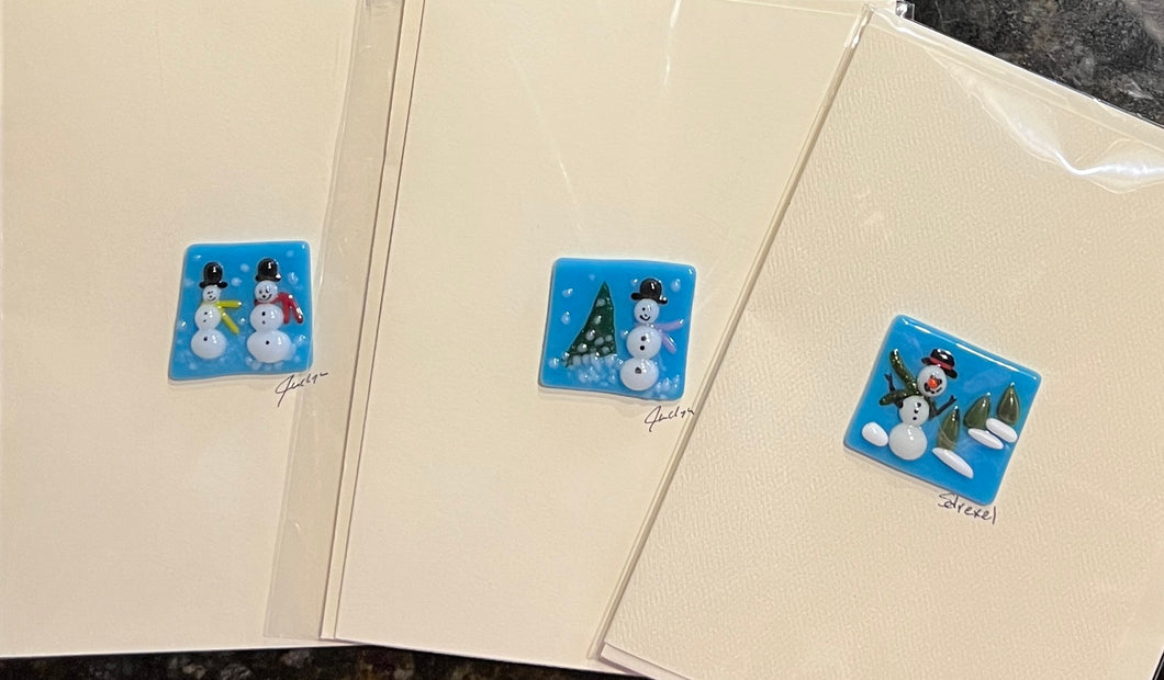 Fused Glass Snowman on Cyan Notecard