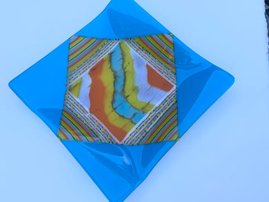 Cyan Mixture of Handmade Glass Origami Dish